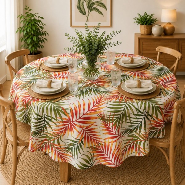Fata de masa teflonata rotunda 140 cm model Frunze tropicale pe masa rotunda, fabricata in Romania