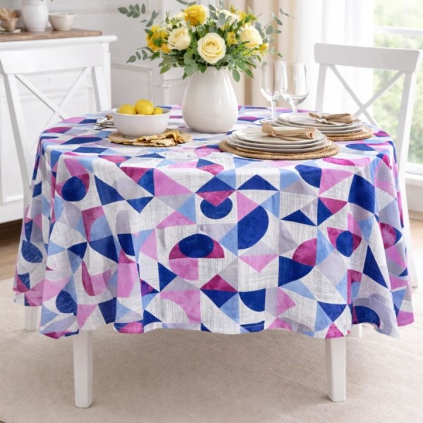 Fata de masa rotunda 140 cm bumbac teflonat Geometric mov/albastru, fabricata in Romania