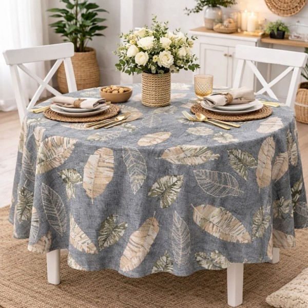Fata de masa rotunda 140 cm bumbac teflonat Gri frunze palmier, fabricata in Romania