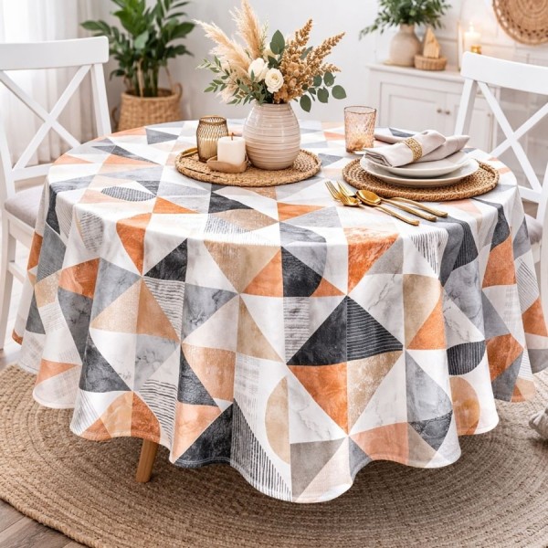 Fata de masa rotunda 140 cm bumbac teflonat model geometric gri, bej si caramiziu, fabricata in Romania