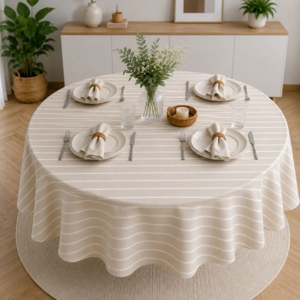 Fata de masa teflonata rotunda 160 cm cu dungi albe pe fond bej, fabricata in Romania