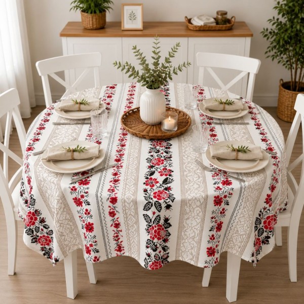 Fata de masa teflonata rotunda 160 cm cu model traditional rosu si negru, fabricata in Romania