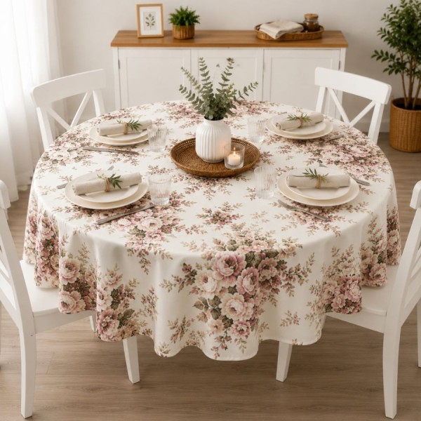 Fata de masa teflonata rotunda 160 cm cu trandafiri roz pe fond crem, fabricata in Romania