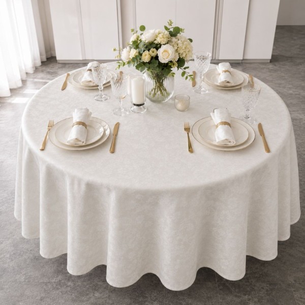 Fata de masa teflonata rotunda 180 cm crem cu imprimeu ornamental F4, fabricata in Romania