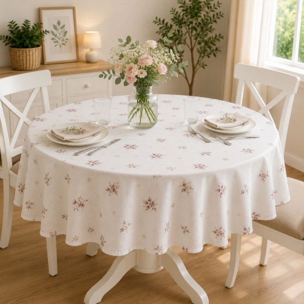 Fata de masa teflonata rotunda 180 cm model Flori roz cu imprimeu floral delicat pe masa rotunda