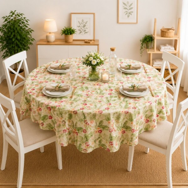 Fata de masa teflonata rotunda 180 cm Flori tropicale si frunze verzi, fabricata in Romania