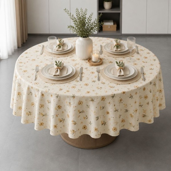 Fata de masa teflonata rotunda 180 cm cu floricele galbene F12 pe fond crem, fabricata in Romania