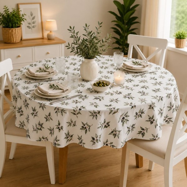 Fata de masa teflonata rotunda 180 cm model Frunze cu masline negre pe masa rotunda mare