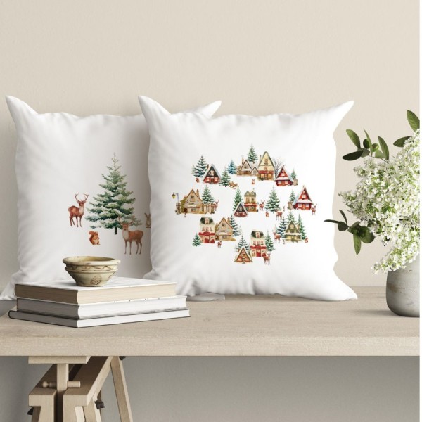 fata de perna decorativa craciun cabin bumbac 100% 45x45cm cu cabane si brazi