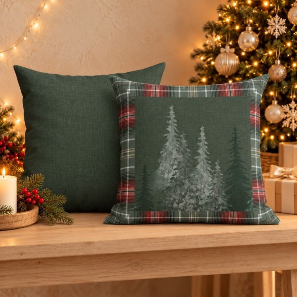 Fata de perna decorativa Craciun Checo 45x45 cm verde inchis cu brazi si chenar in carouri rosii si verzi