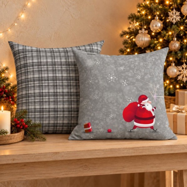 Fata de perna decorativa Craciun Emory 45x45 cm gri cu Mos Craciun, sac rosu si fulgi de nea