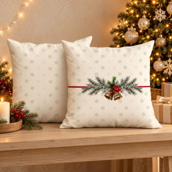 Fata de perna decorativa Craciun Holly 45x45 cm crem cu clopotei aurii, crengute de brad si fulgi de nea