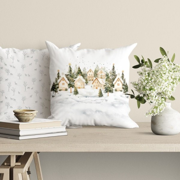 Fata de perna decorativa craciun snowy bumbac 100 cu brazi si casute