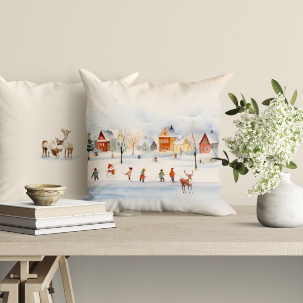 Fata de perna decorativa craciun joy bumbac 100% 45x45cm cu peisaj de iarna