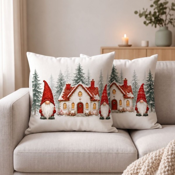 Fata de perna decorativa Craciun Koa 45x45 cm cu gnomi, casuta cu acoperis rosu si brazi inzapeziti