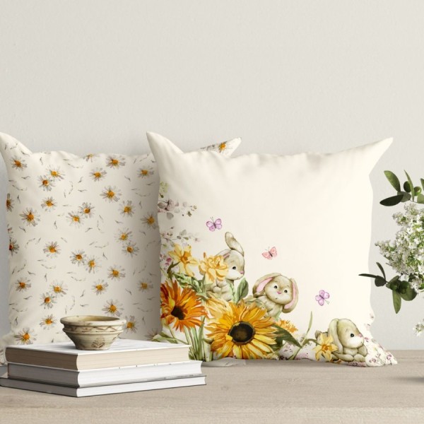 Fata perna decorativa 45x45 cm bumbac 100 model Mochi cu floarea-soarelui si narcise, verso cu margarete