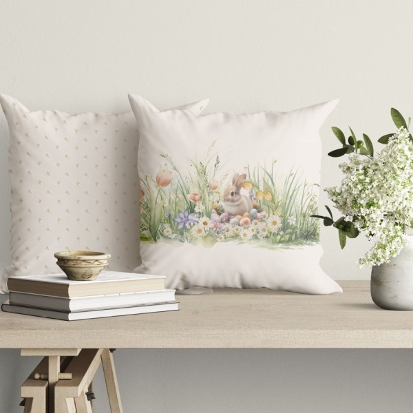 Fata perna decorativa 45x45 cm bumbac 100 model Tuli cu flori de camp si iepuras