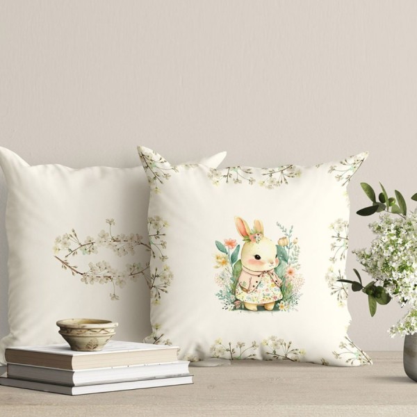 Fata perna decorativa 45x45 cm bumbac 100 model Yoyo cu iepuras si flori de mar