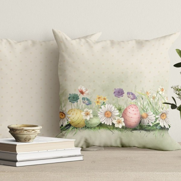 Fata perna decorativa Paste 45x45 cm bumbac 100% Egly cu flori de primavara si oua pastel cu fata dubla