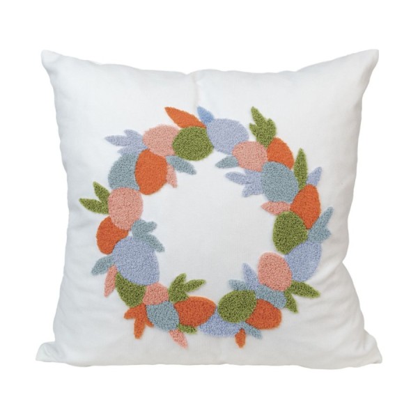 Pernă decorativă cu broderie texturată în formă de coroană de Paște, culori pastelate, 45x45cm, detaliu fermoar ascuns
