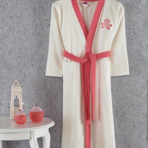 Halat de baie bumbac 100% ,Cotton Box, marime S/M , Fine - Ecru, Coral
