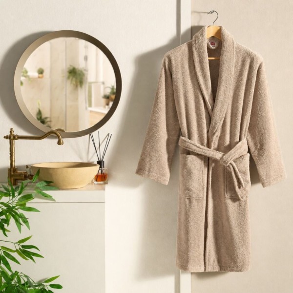 Halat de baie cu guler sal TAC, din bumbac 100%, marime L/XL, culoare bej camel