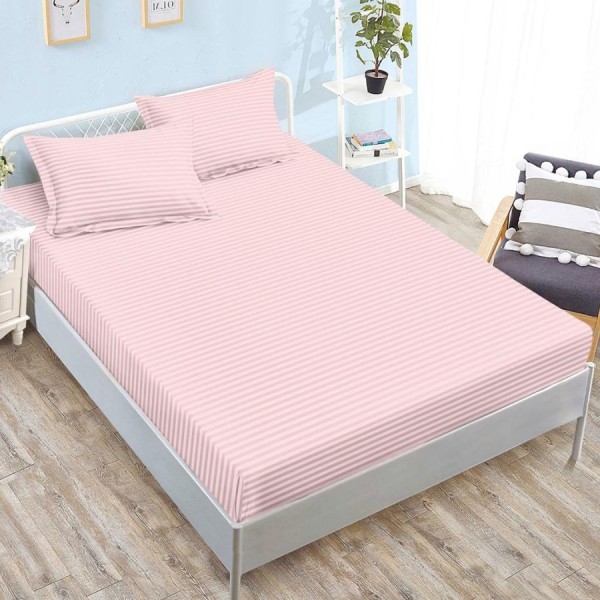 husa de pat roz pastel din damasc policoton cu doua fete de perna pentru saltele 160x200 si 180x200