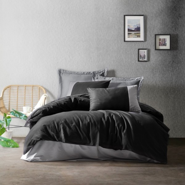 Lenjerie de pat din bumbac 100% ranforce, model Cotton Box Plain, în nuanțe de negru și gri.