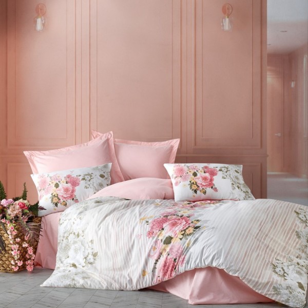 Lenjerie de pat dublă din bumbac 100% ranforce, Cotton Box, design floral în nuanțe de roz, bej și alb, cu flori pastelate și dungi subtile