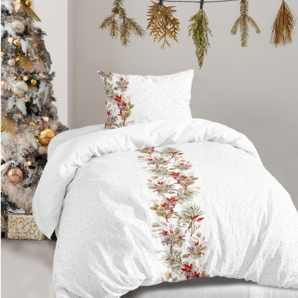 Lenjerie Craciun pat 1 persoana Tisa, bumbac, crengute decorative si fructe rosii