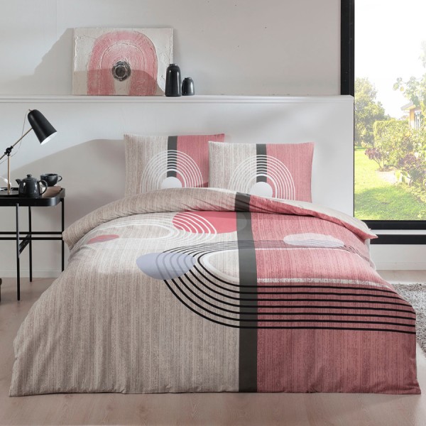 Lenjerie de pat din bumbac ranforce Tac, design geometric modern cu cercuri și linii în nuanțe de roz, alb și negru, cu cearșaf elastic