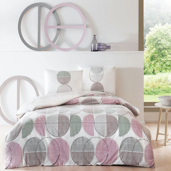 Lenjerie de pat din bumbac ranforce Tac, design modern cu cercuri și semicercuri pastelate în nuanțe de roz, verde și gri pe fundal alb, cu cearșaf elastic