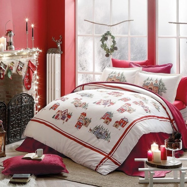 Lenjerie Craciun de pat dublu bumbac 100% satinat, TAC, Santa