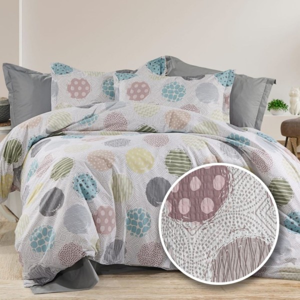 Lenjerie creponata 1 persoana alba din bumbac 100% cu model Buline albastru, gri, galben