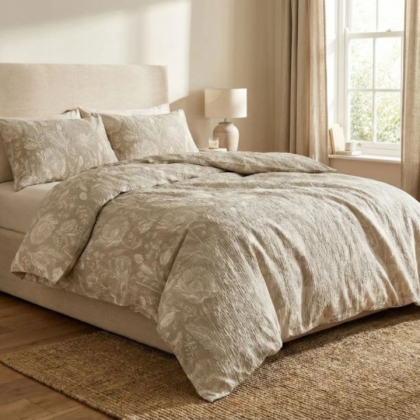 Lenjerie creponata 1 persoana din bumbac 100% cu model floral bej