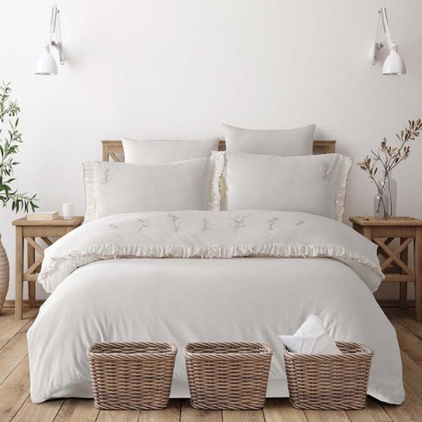 Lenjerie pat dublu cu broderie si volane Soul Fly ecru bumbac 100% ranforce prespalat Bahar Tekstil