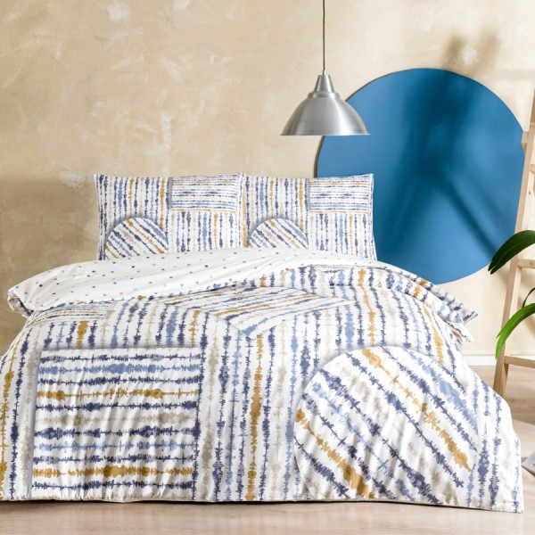 Lenjerie de pat cu elastic TAC Ranforce Cosmo din bumbac 100%, design modern cu dungi abstracte albastre și aurii pe fundal alb