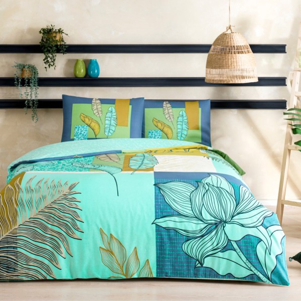 Lenjerie de pat tropicală Tac din bumbac 100% ranforce, cu elastic, calitate premium