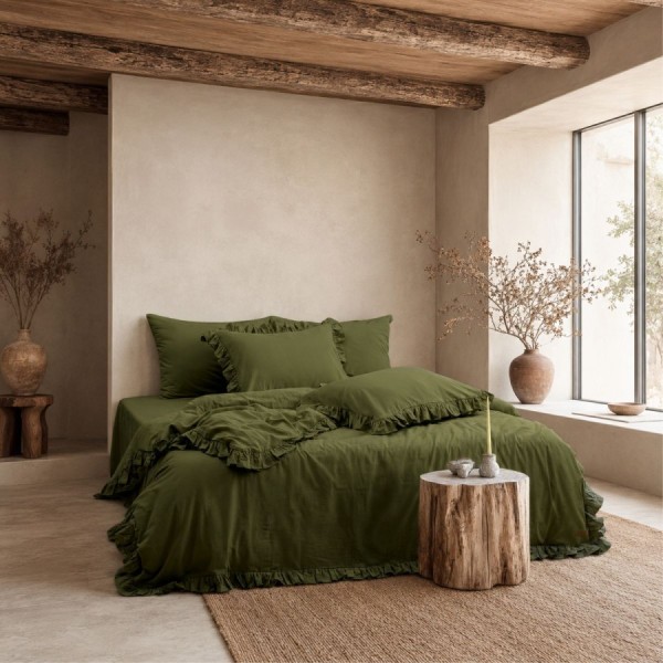 Lenjerie pat dublu cu volane Milagros Forest Verde kaki bumbac 100% ranforce prespalat Bahar Tekstil