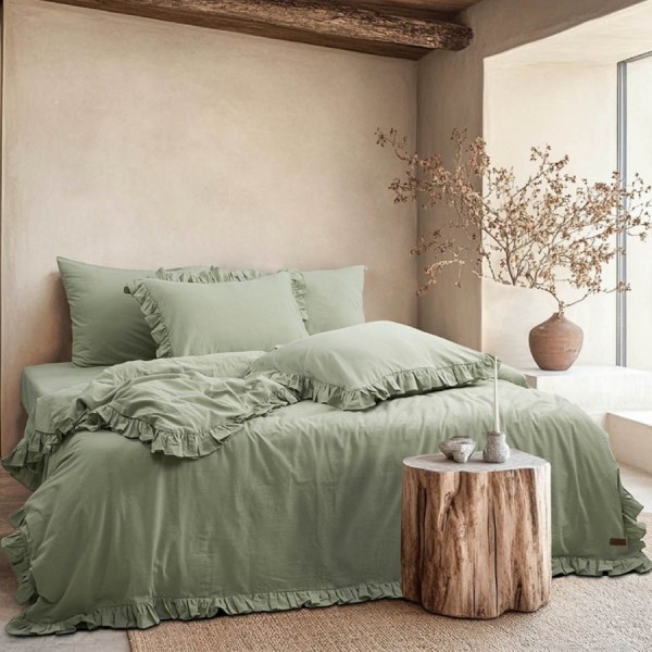 Lenjerie pat dublu cu volane Milagros Pampas Verde bumbac 100% ranforce prespalat Bahar Tekstil