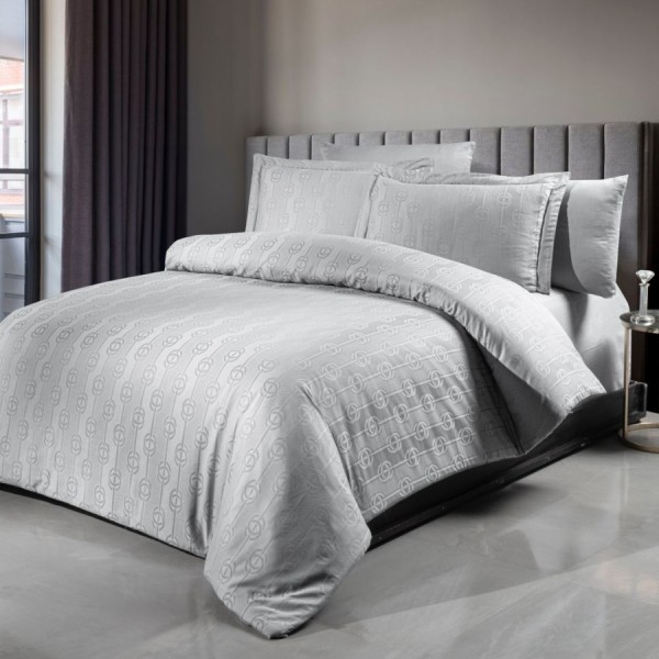 Lenjerie de lux pat dublu jacquard satin 6 piese First Choice Norel Gri cu model geometric in relief