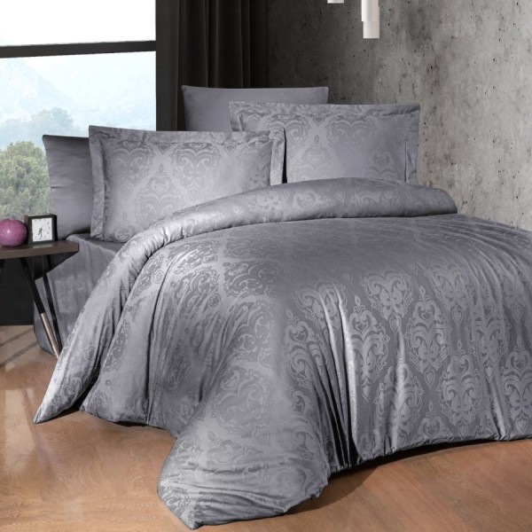 Lenjerie de lux pat dublu jacquard satin 6 piese First Choice Sofya Gri Baroc cu model ornamental in relief
