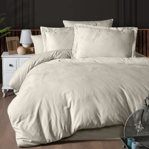 Lenjerie de lux pat dublu jacquard satin 6 piese First Choice Stesha Bej cu model floral si pasari in relief
