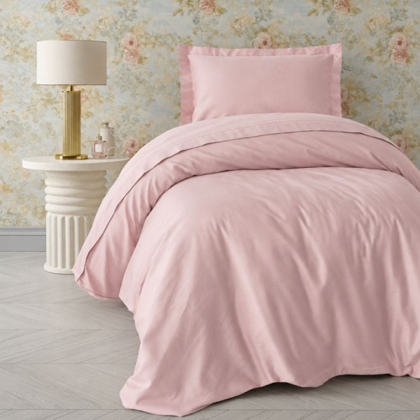 Lenjerie de pat 1 persoana bumbac 100% satinat Elegant roz pudra, moale si fina