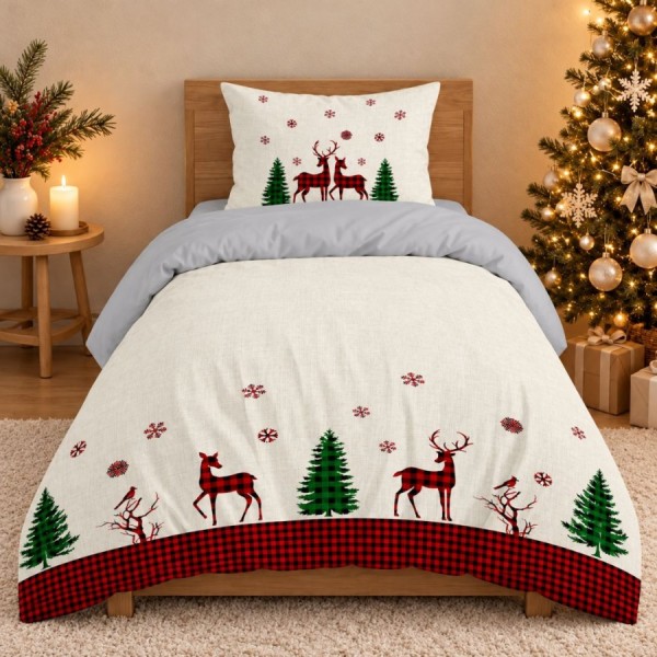 Lenjerie Craciun 3D Santa 1 persoana din bumbac 100% ranforce cu reni si brazi