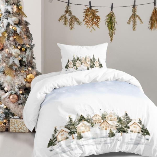 lenjerie craciun snowy 3d 1 persoana bumbac 100 ranforce cu brazi si casute