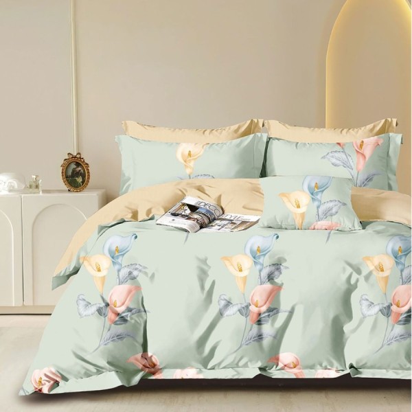 Lenjerie pat 1 persoana verde cu imprimeu floral cala pastel, fabricata in Romania