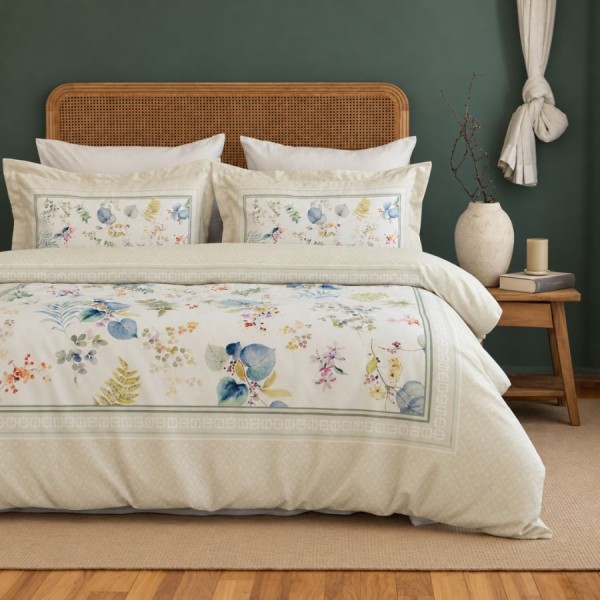 Lenjerie de pat 3D First Choice Irma bumbac satinat 220 TC frunze multicolore cu chenar verde salvie pe fond crem