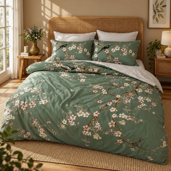 Lenjerie de pat 3D First Choice Morris bumbac satinat 220 TC cu flori de mar roz si albe pe fond verde salvie