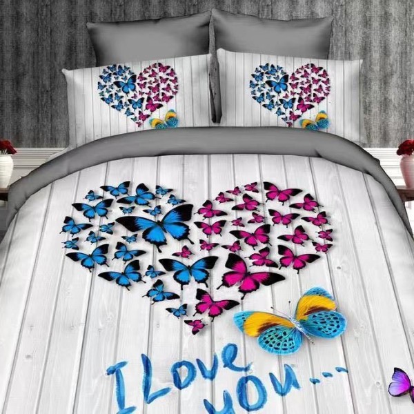Lenjerie de pat 3D cu inimă din fluturi colorați și text I Love You, set 4 piese, lenjerii de pat 1+1 gratis